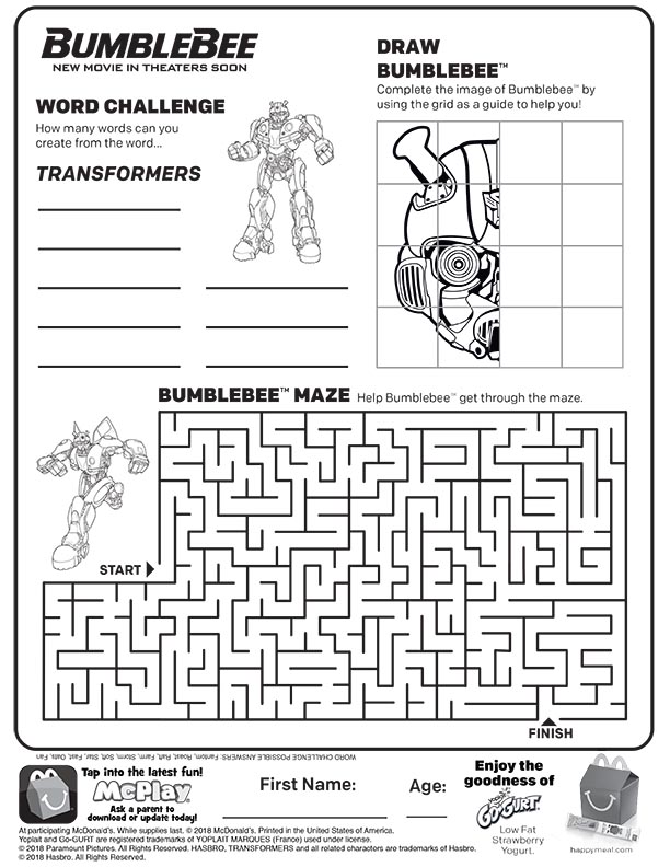 Transformers bumblebee maze mcdonalds happy meal coloring page